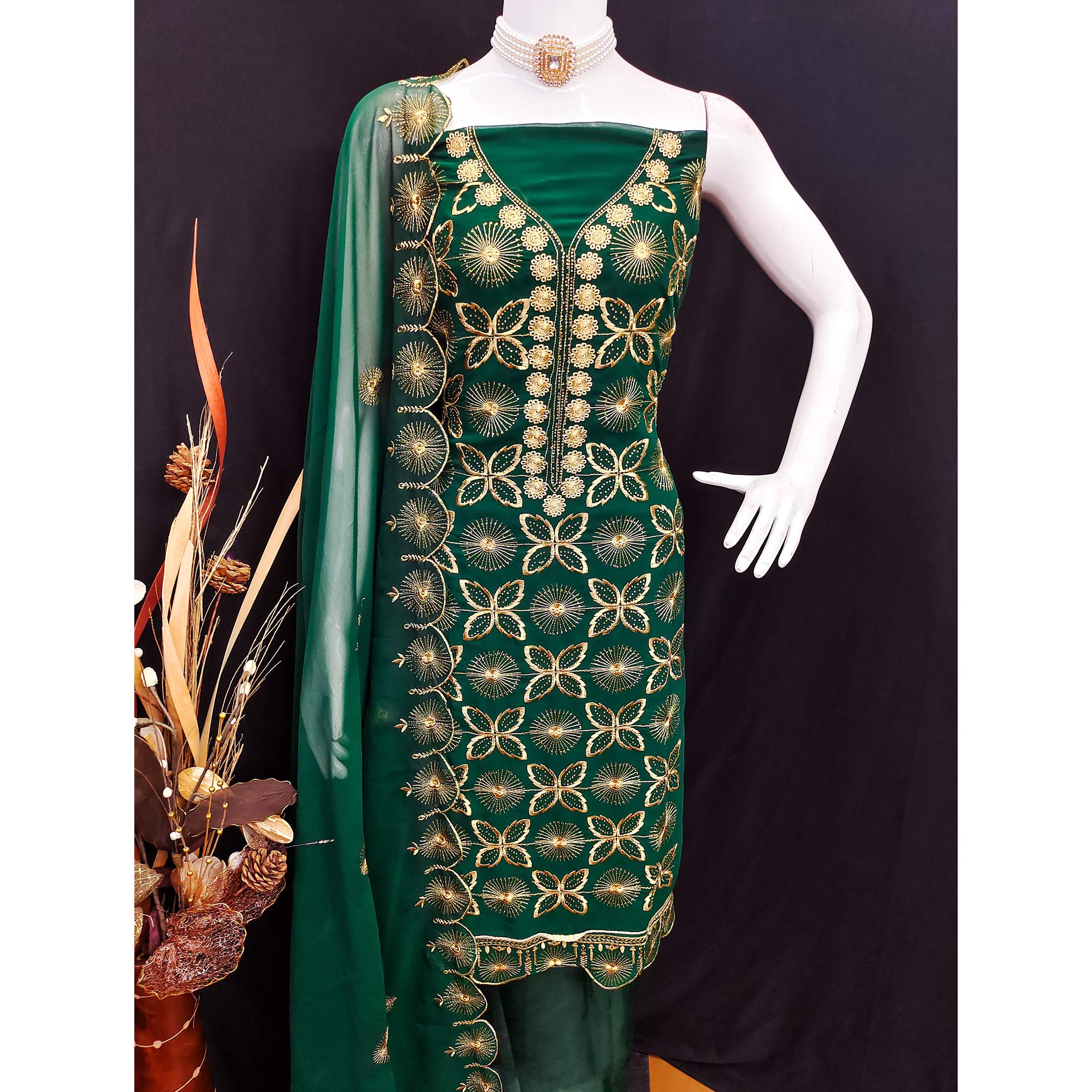 Green Georgette Dress Material Featuring Delicate Floral Zari Embroidery