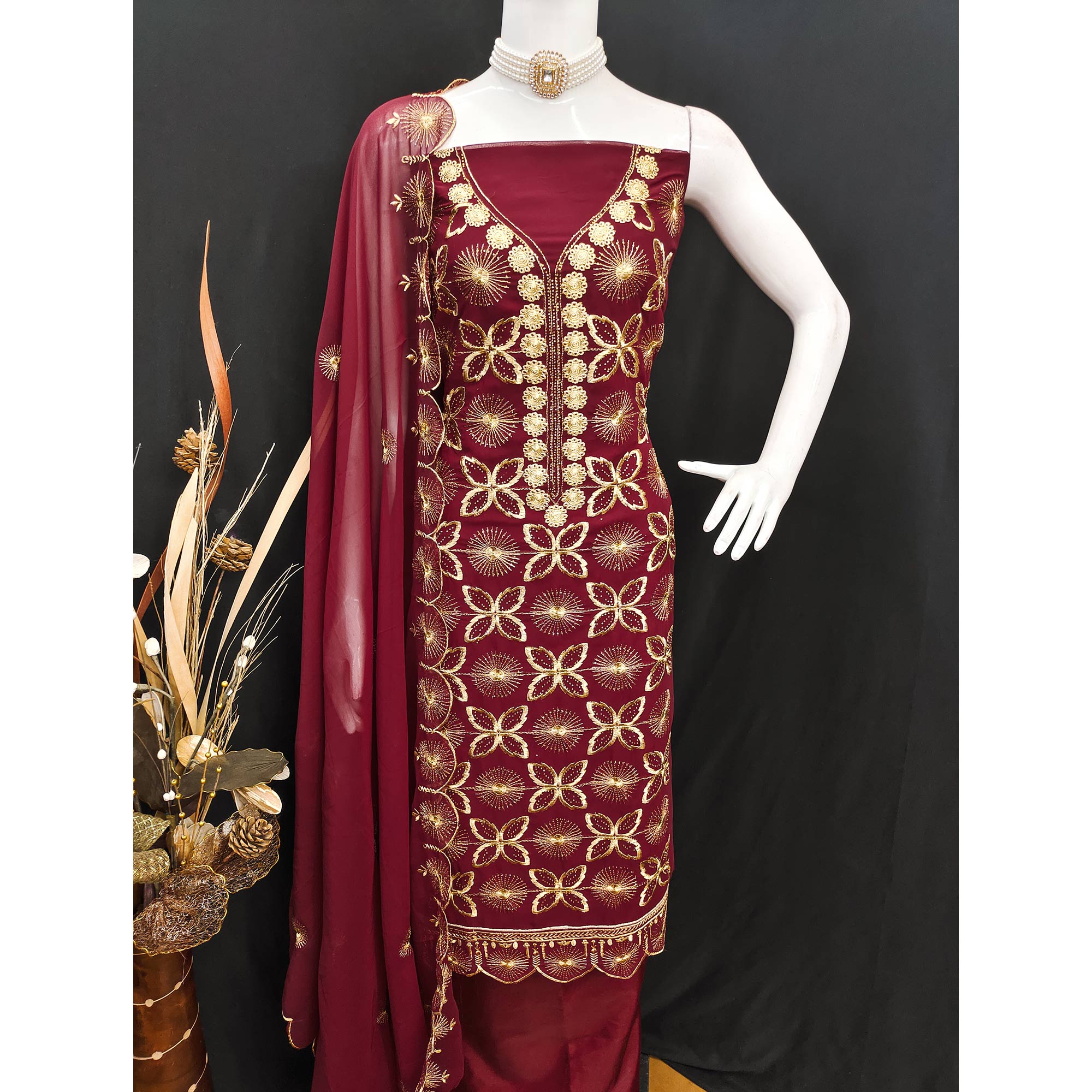 Maroon Georgette Dress Material Featuring Delicate Floral Zari Embroidery