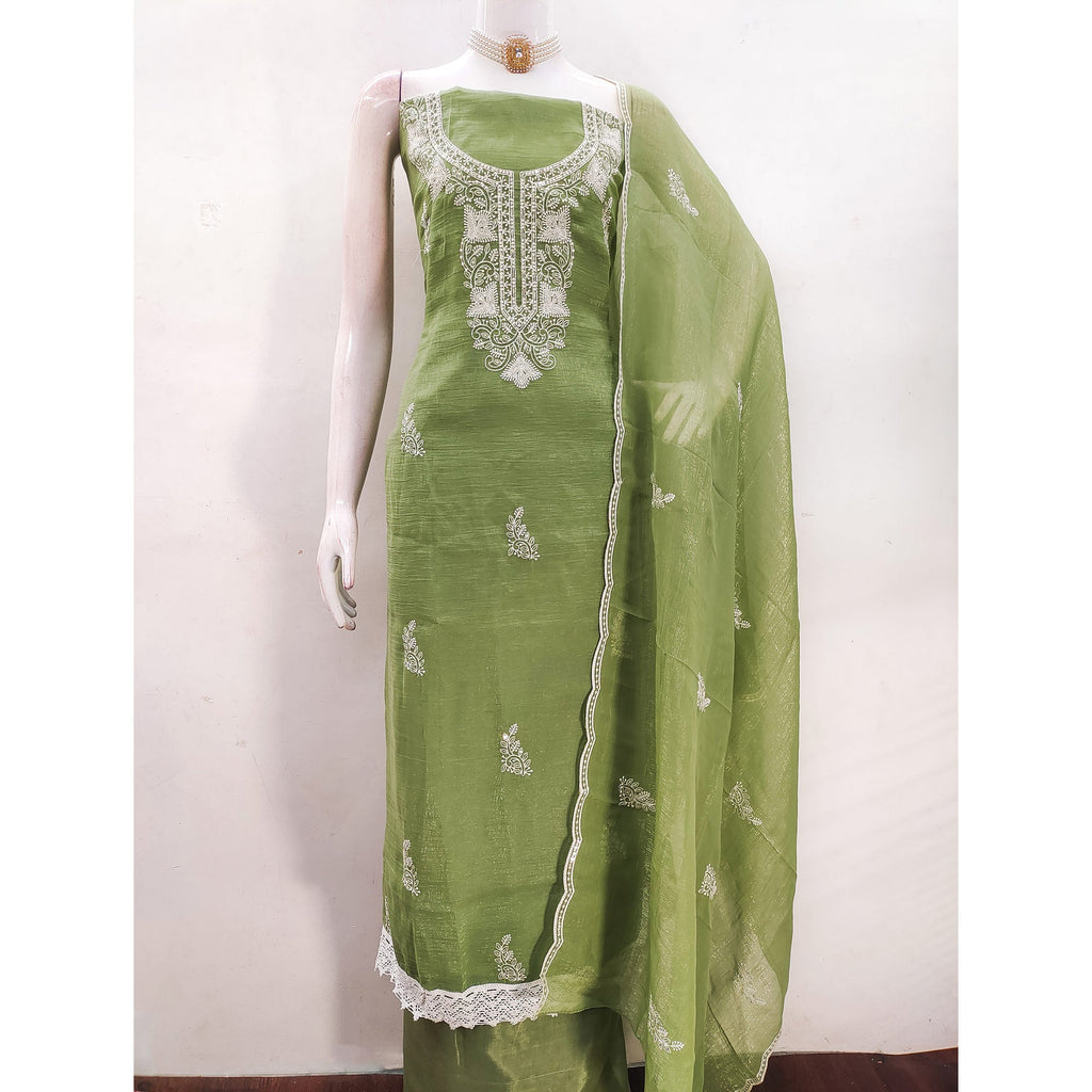 Green Georgette Crunchy Silk Dress Material with Elegant Floral Thread Embroidery & Sequins Work