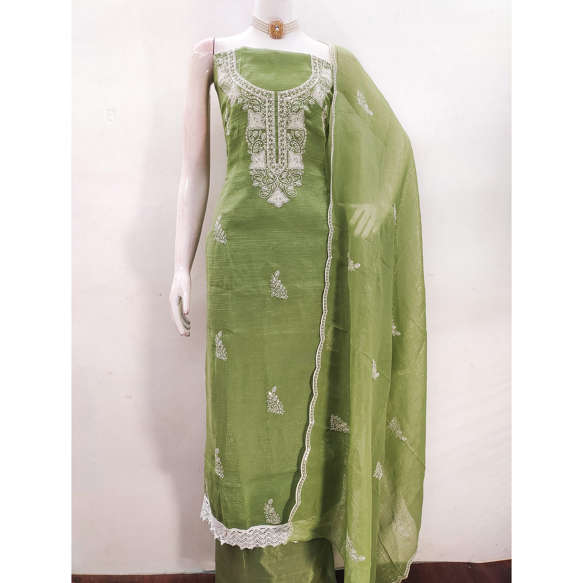 Green Georgette Crunchy Silk Dress Material with Elegant Floral Thread Embroidery & Sequins Work