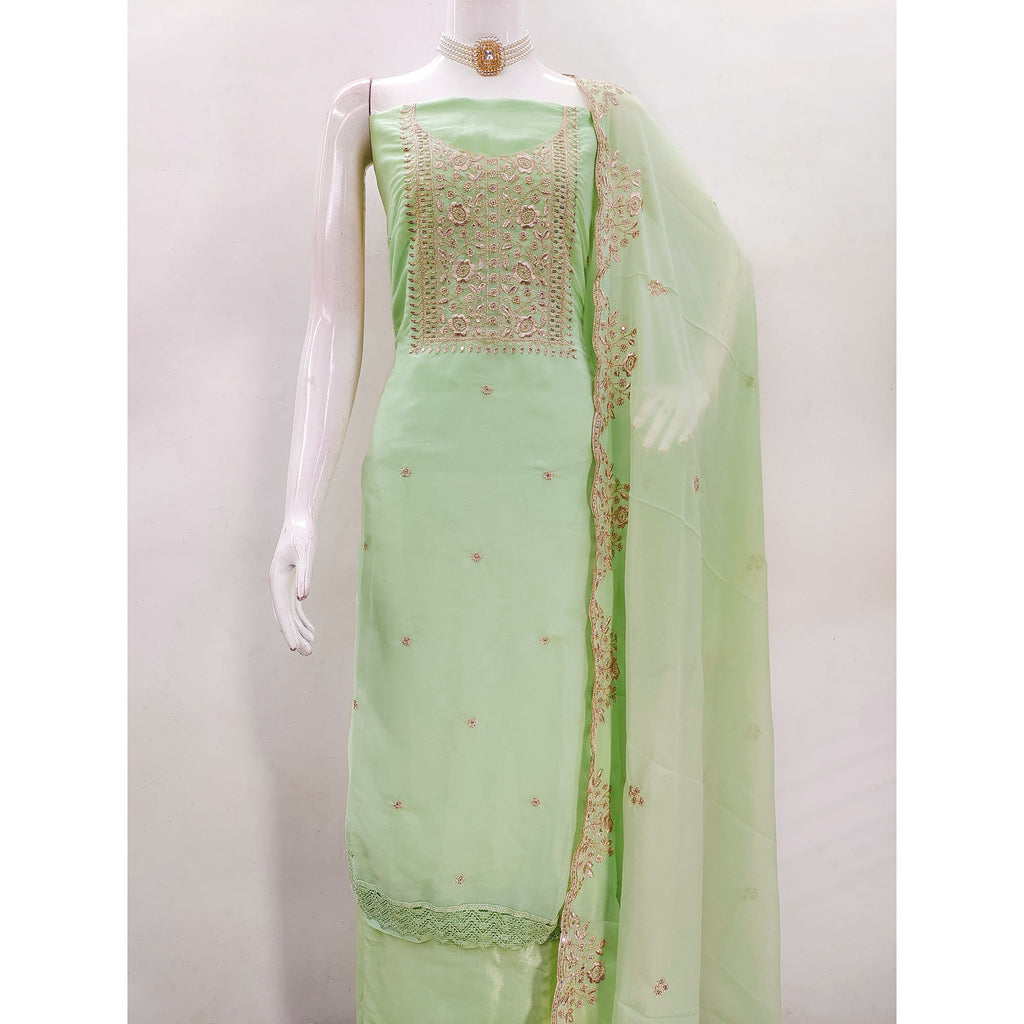 Green Georgette Dress Material With Intricate Floral Zari Embroidery & Sequins Work