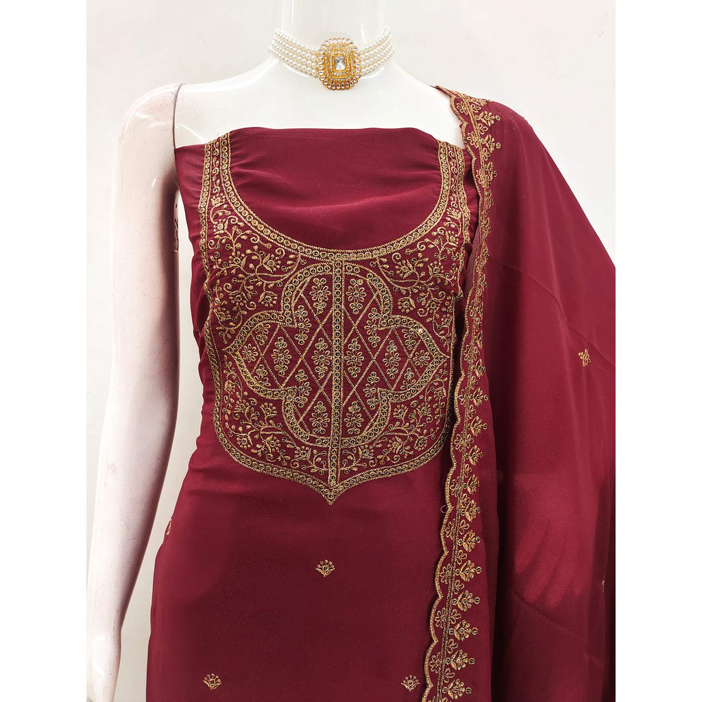 Maroon Georgette Dress Material With Sparkling Sequins & Zari Floral Embroidery