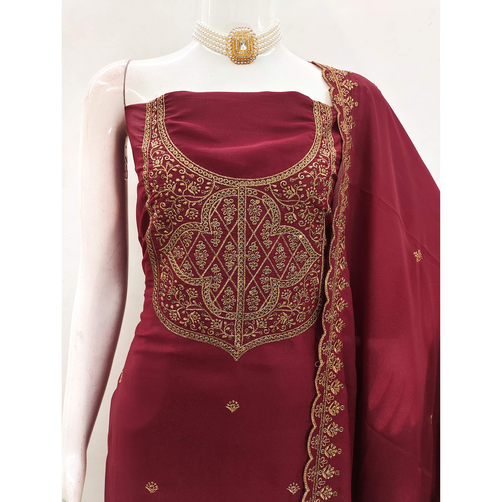 Maroon Georgette Dress Material With Sparkling Sequins & Zari Floral Embroidery