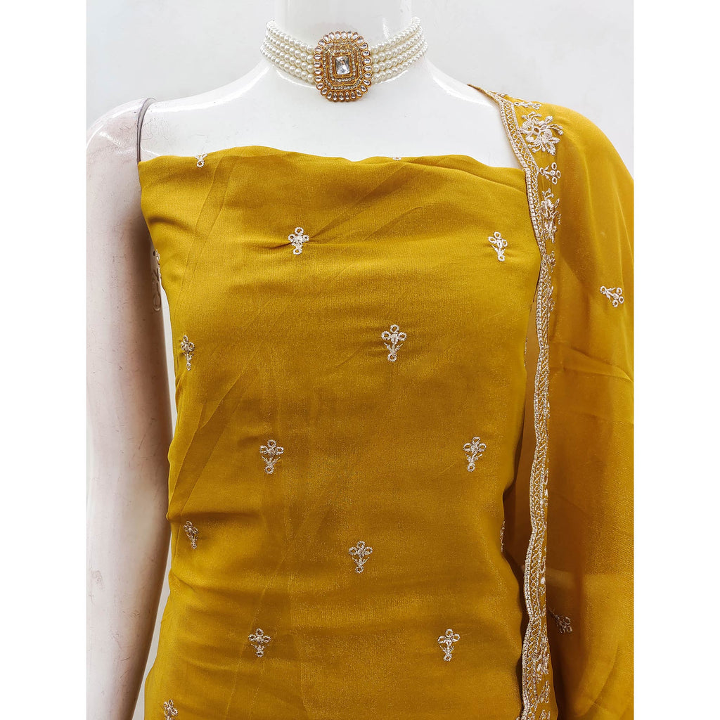 Mustard Georgette Dress Material With Delicate Floral Zari Embroidery