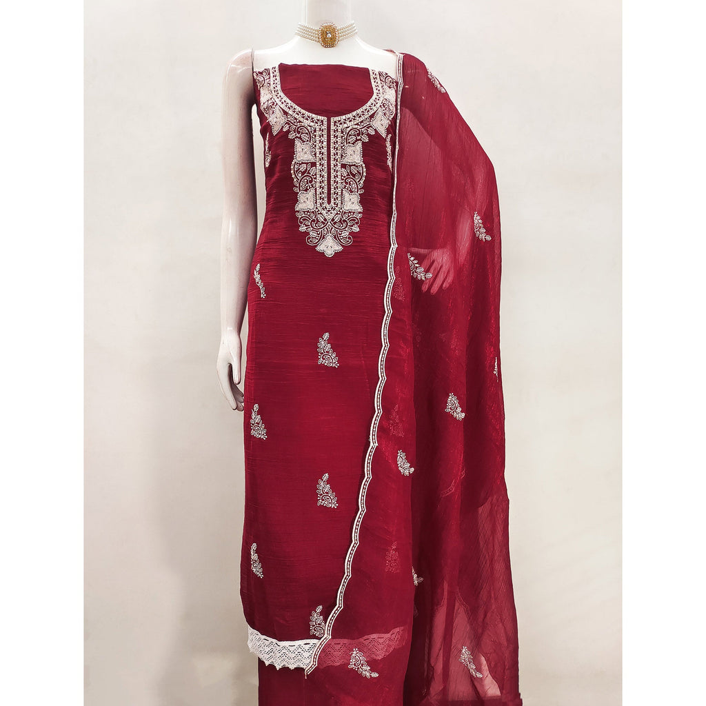 Maroon Dress Material With Threaded Floral Embroidery & Sequins on Crunchy Silk Georgette