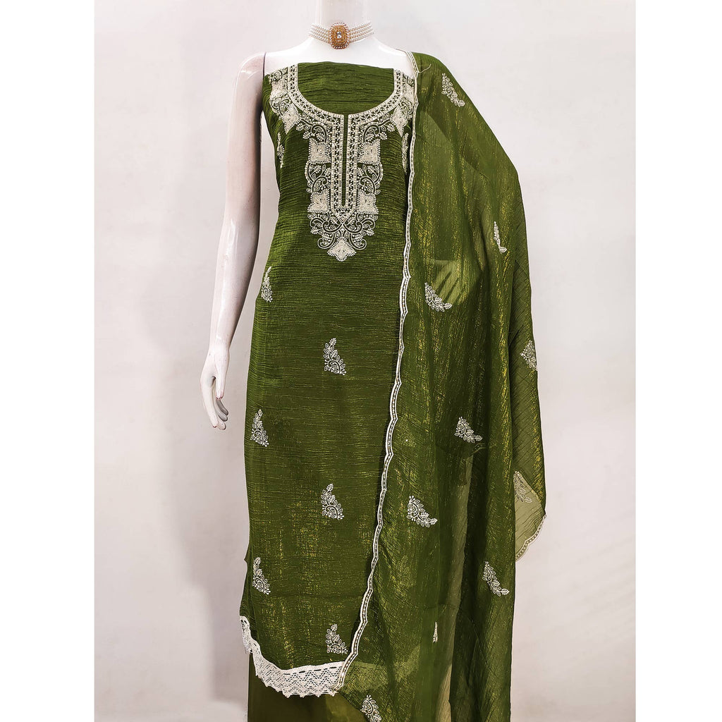 Mehendi Green Dress Material With Threaded Floral Embroidery & Sequins on Crunchy Silk Georgette
