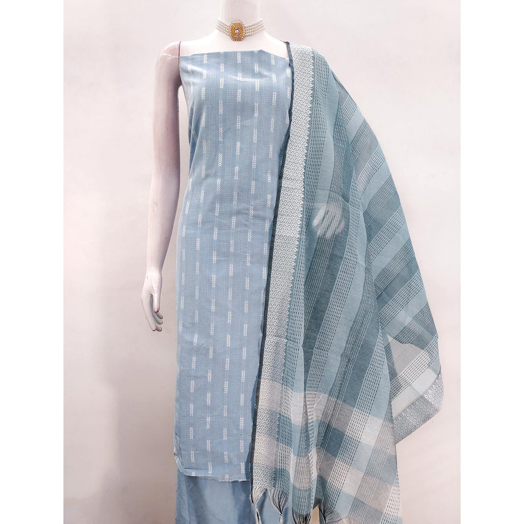 Graceful Grey Woven Work Dress Material In Poly Cotton Blend