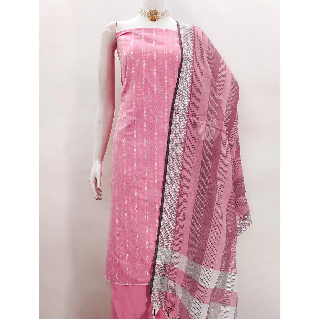 Elegant Pink Woven Texture Dress Material In Poly Cotton Blend