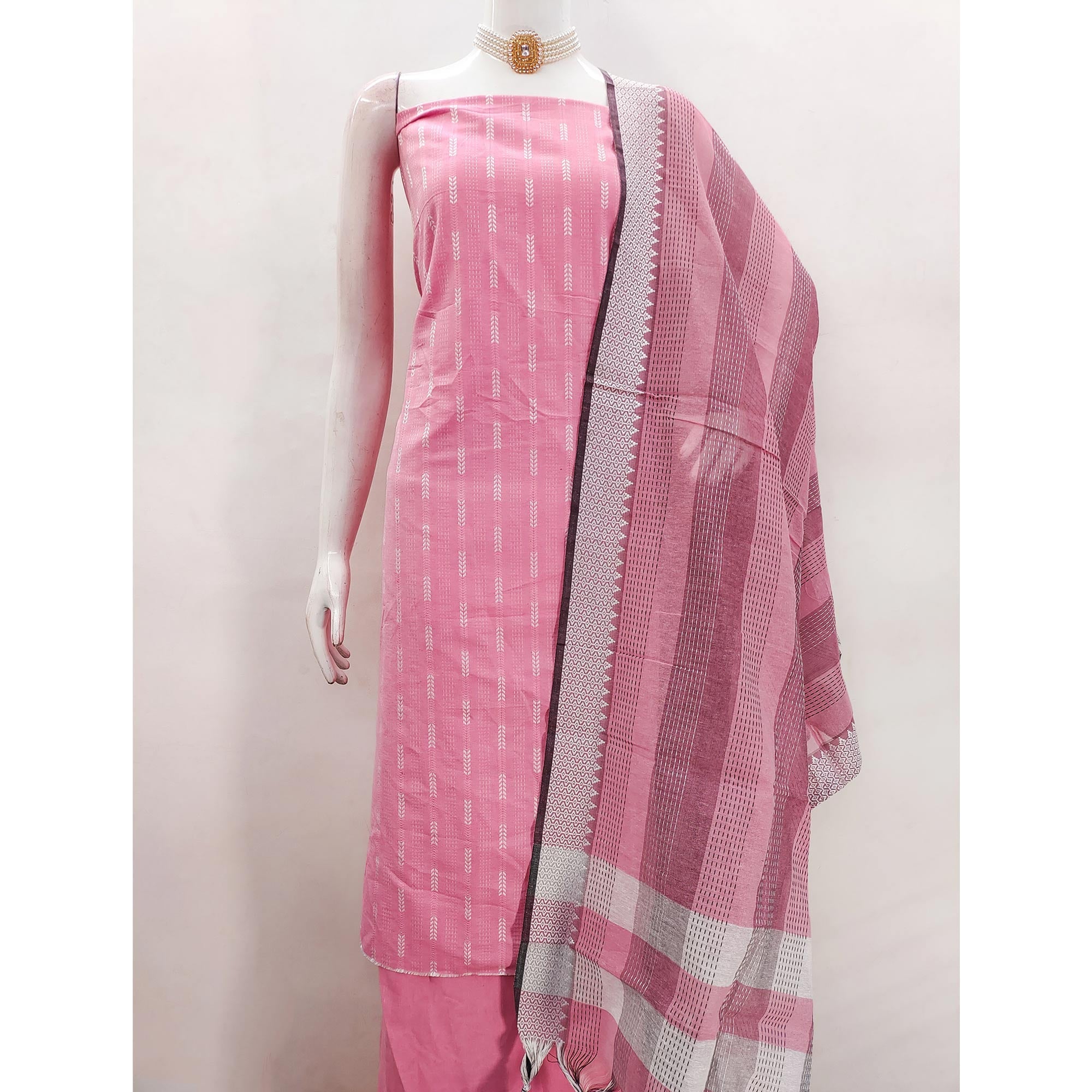 Elegant Pink Woven Texture Dress Material In Poly Cotton Blend