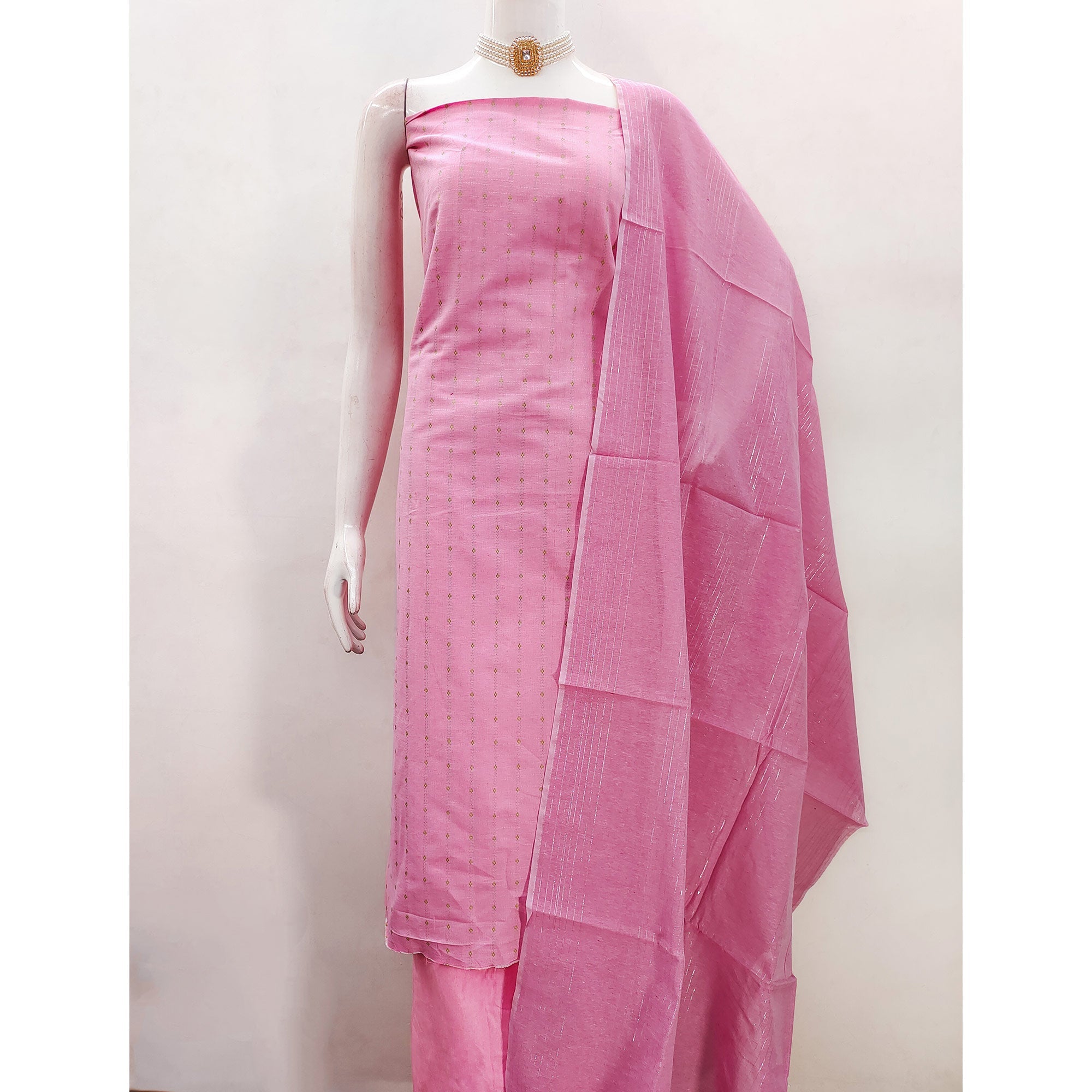 Fresh Pink Woven Poly Cotton Blend Dress Material