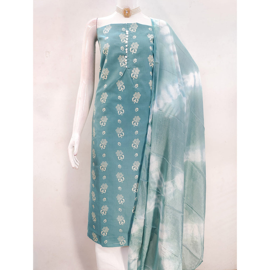 Charming Blue Cotton Blend Dress Material With Floral Print