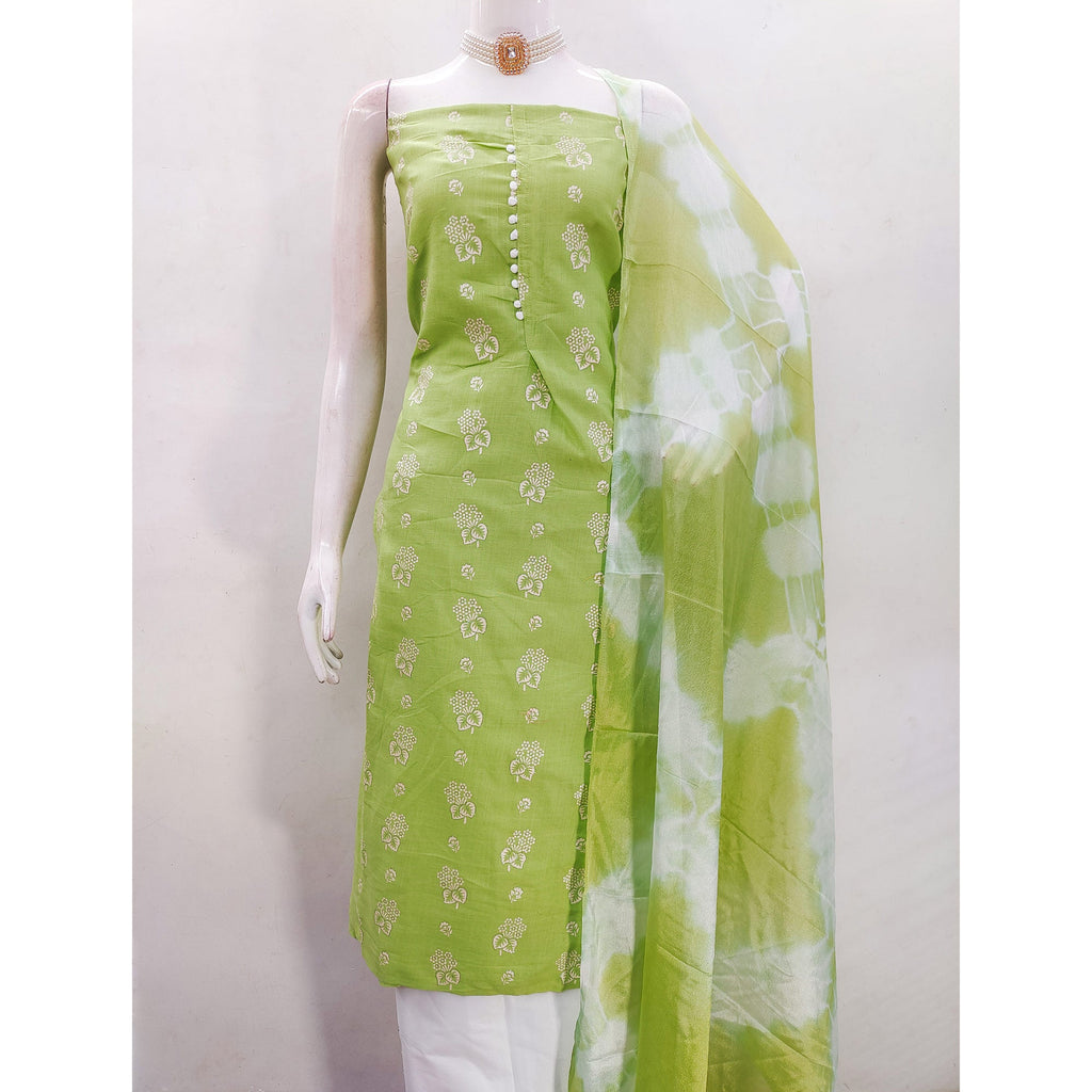 Exquisite Green Floral Printed Cotton Blend Dress Material