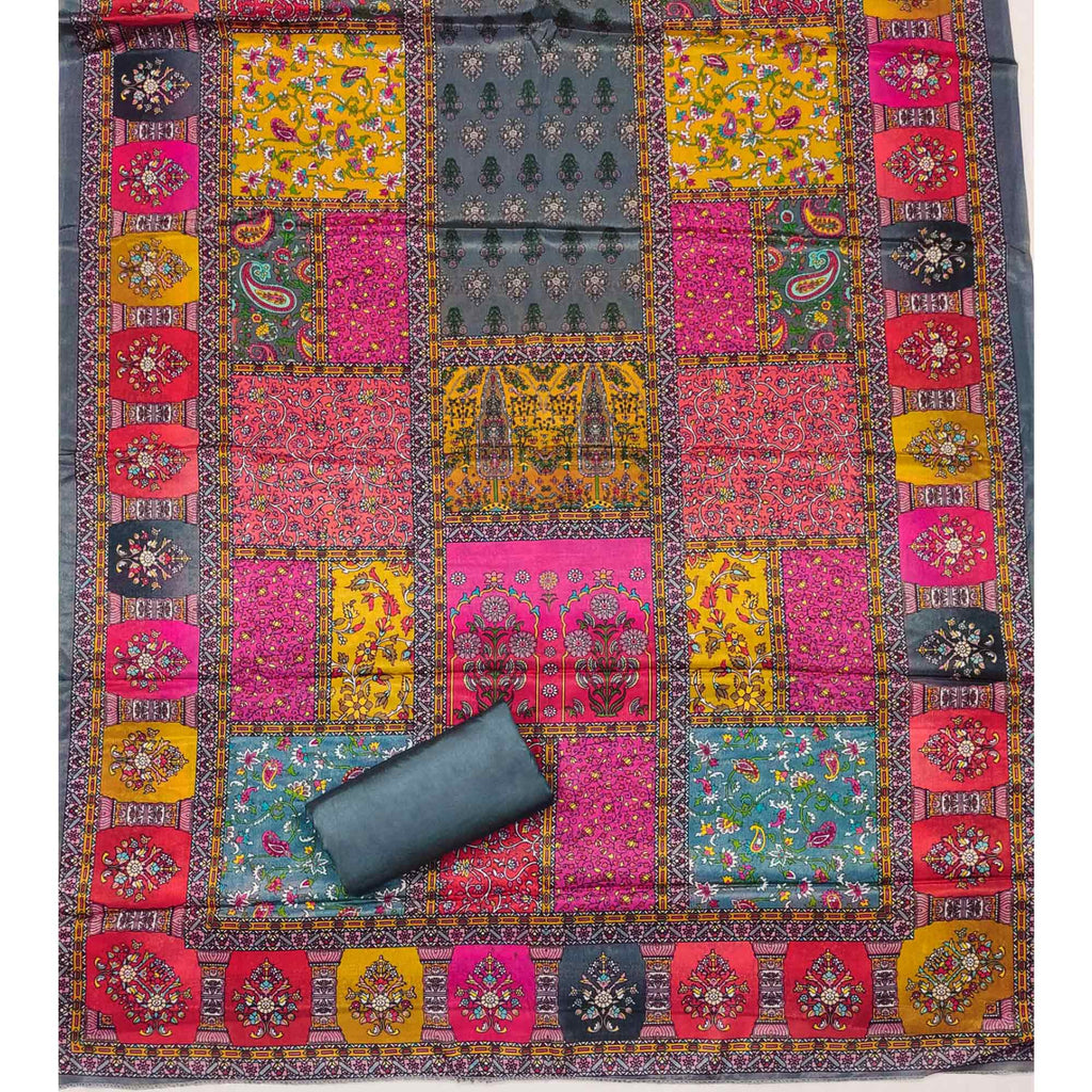 Grey Pakistani Dress Material Featuring Soft Chinon Fabric and Timeless Floral Prints