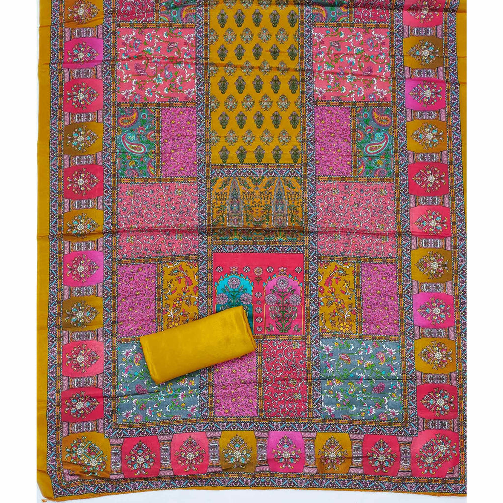 Mustard Pakistani Dress Material Featuring Soft Chinon Fabric and Timeless Floral Prints