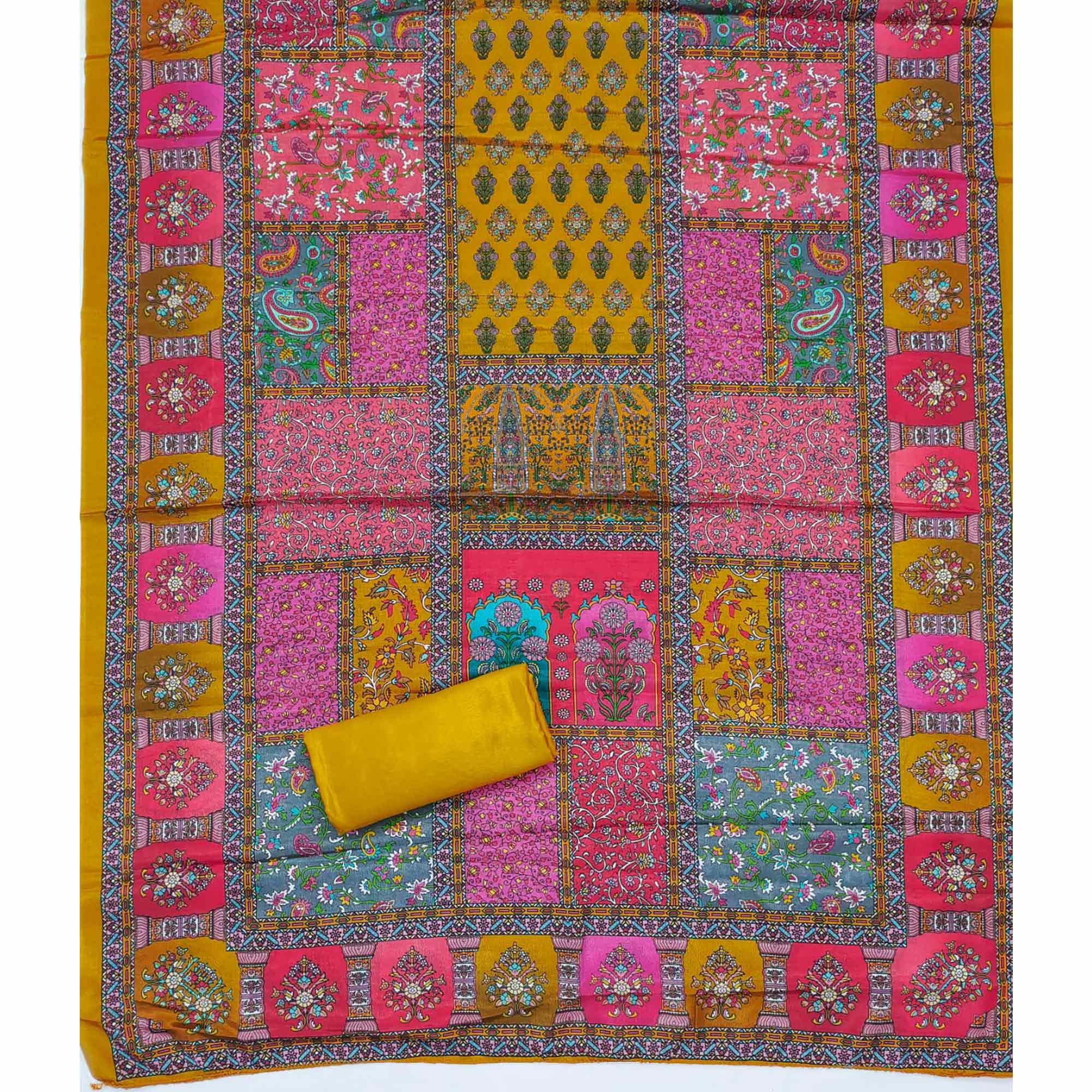 Mustard Pakistani Dress Material Featuring Soft Chinon Fabric and Timeless Floral Prints