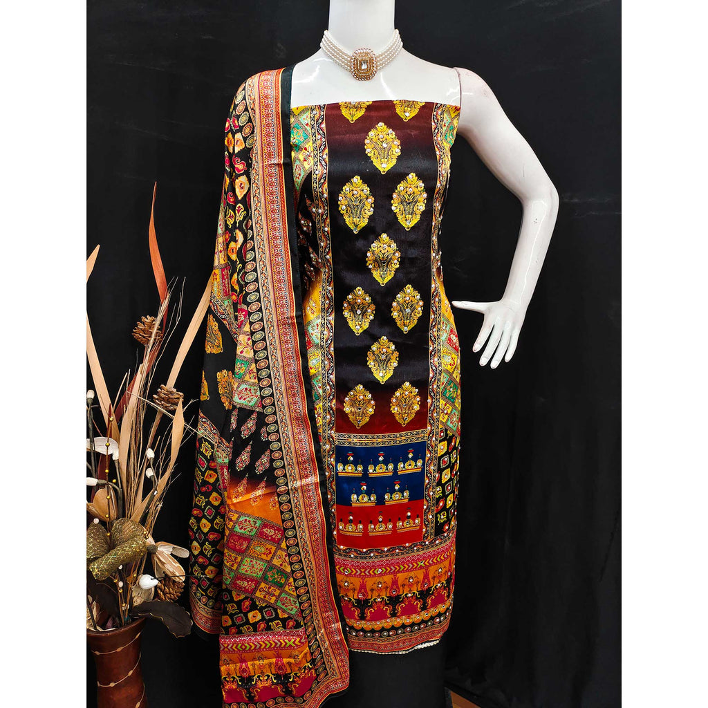 Black Chinon Dress Material With Reflective Mirror Work & Floral Prints