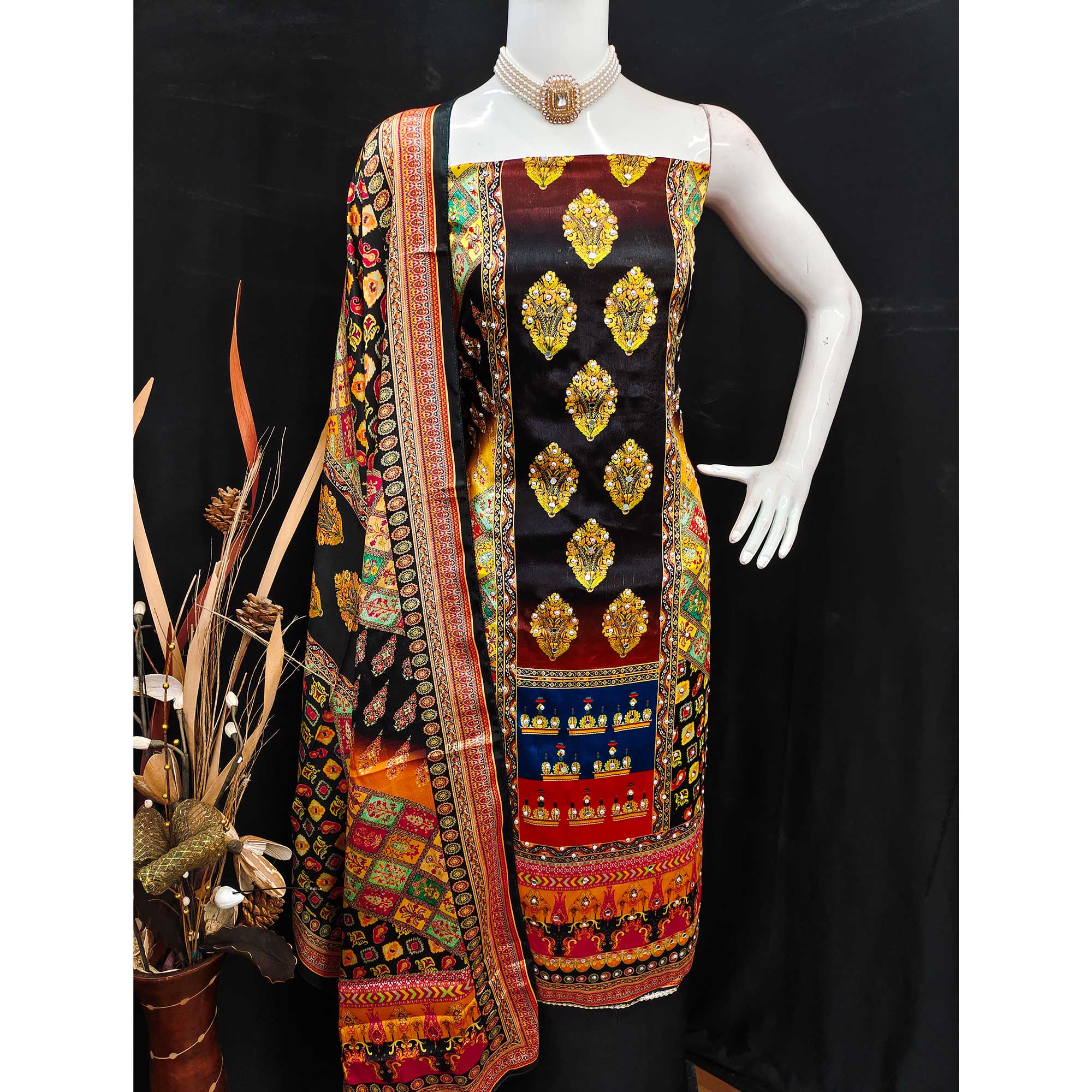 Black Chinon Dress Material With Reflective Mirror Work & Floral Prints