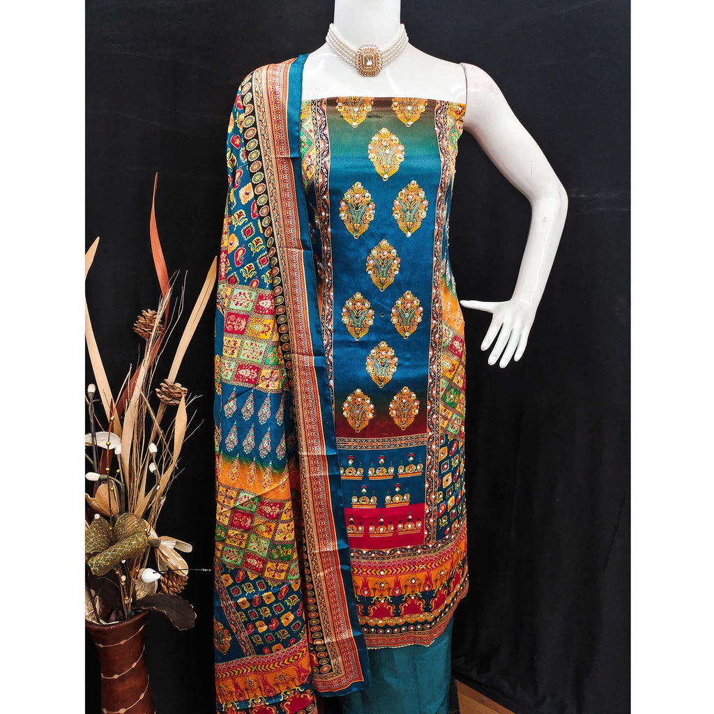 Blue Chinon Dress Material With Reflective Mirror Work & Floral Prints