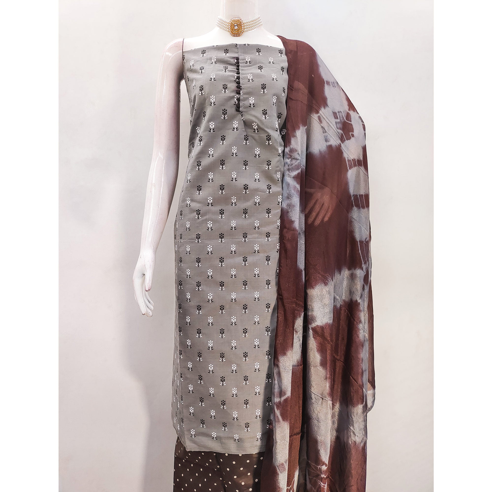 Elegant Light Grey Floral Printed Cotton Blend Dress Material