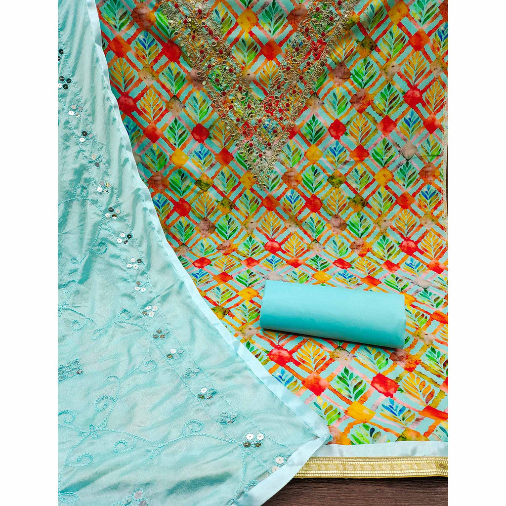 Blue Digital Printed With Sequins Work Cotton Blend Dress Material