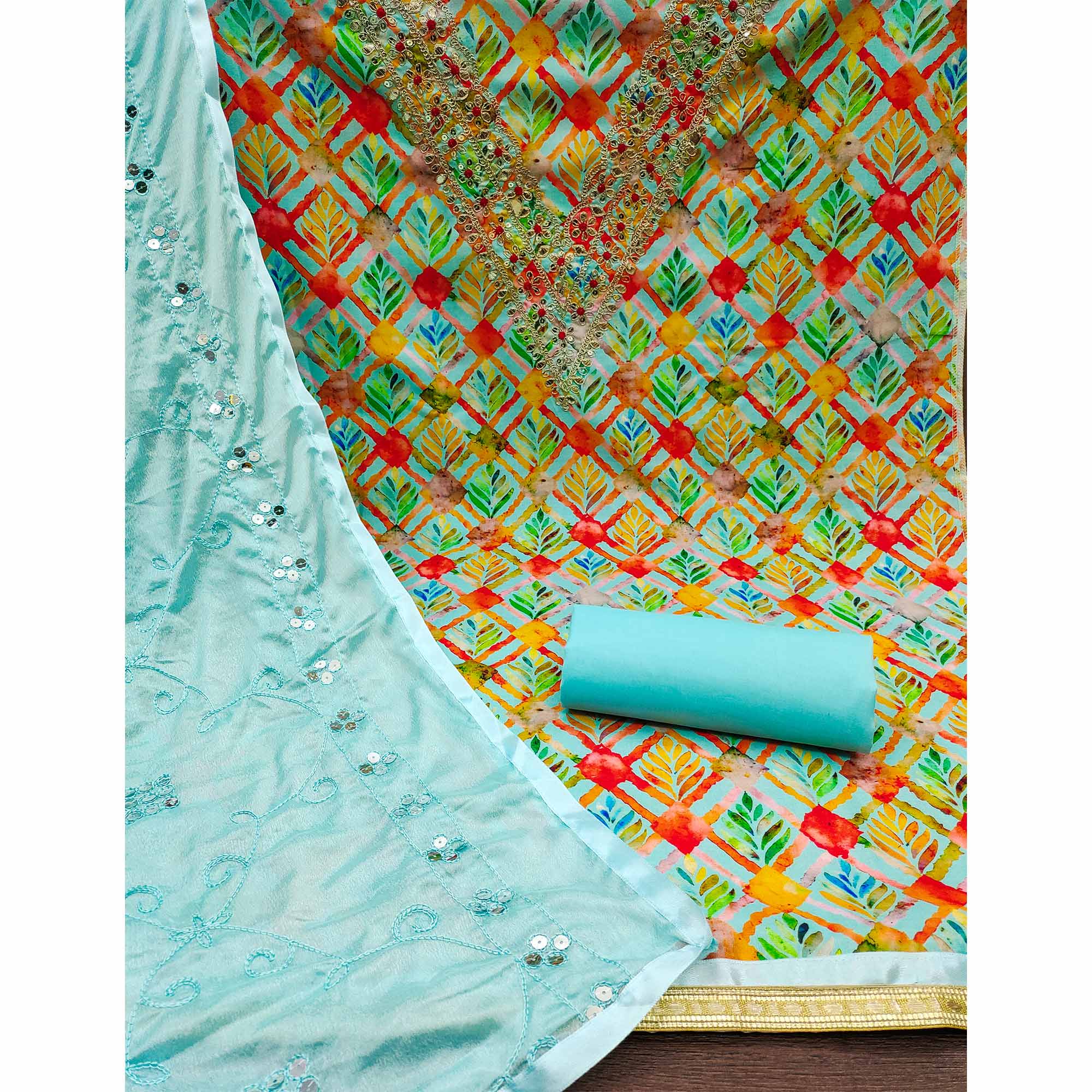 Blue Digital Printed With Sequins Work Cotton Blend Dress Material