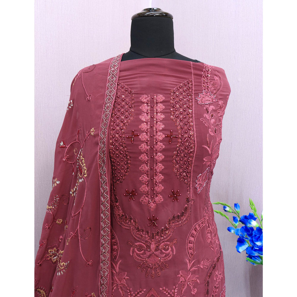 Dusty Pink Heavy Embroidered Work Georgette Dress Material