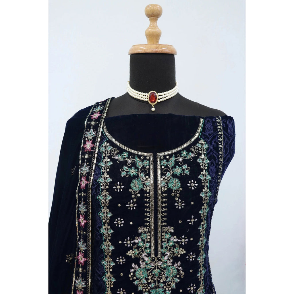 Blue Velvet Dress Material Adorned with Sequins & Thread Embroidery