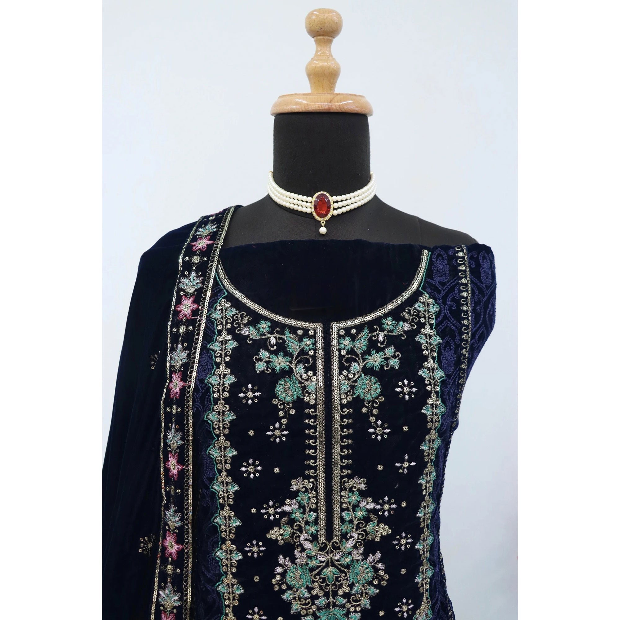 Blue Velvet Dress Material Adorned with Sequins & Thread Embroidery