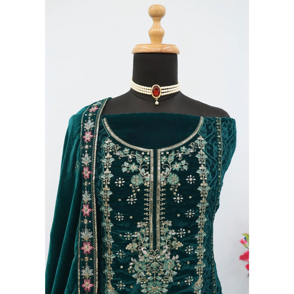 Bottle Green Velvet Dress Material Adorned with Sequins & Thread Embroidery