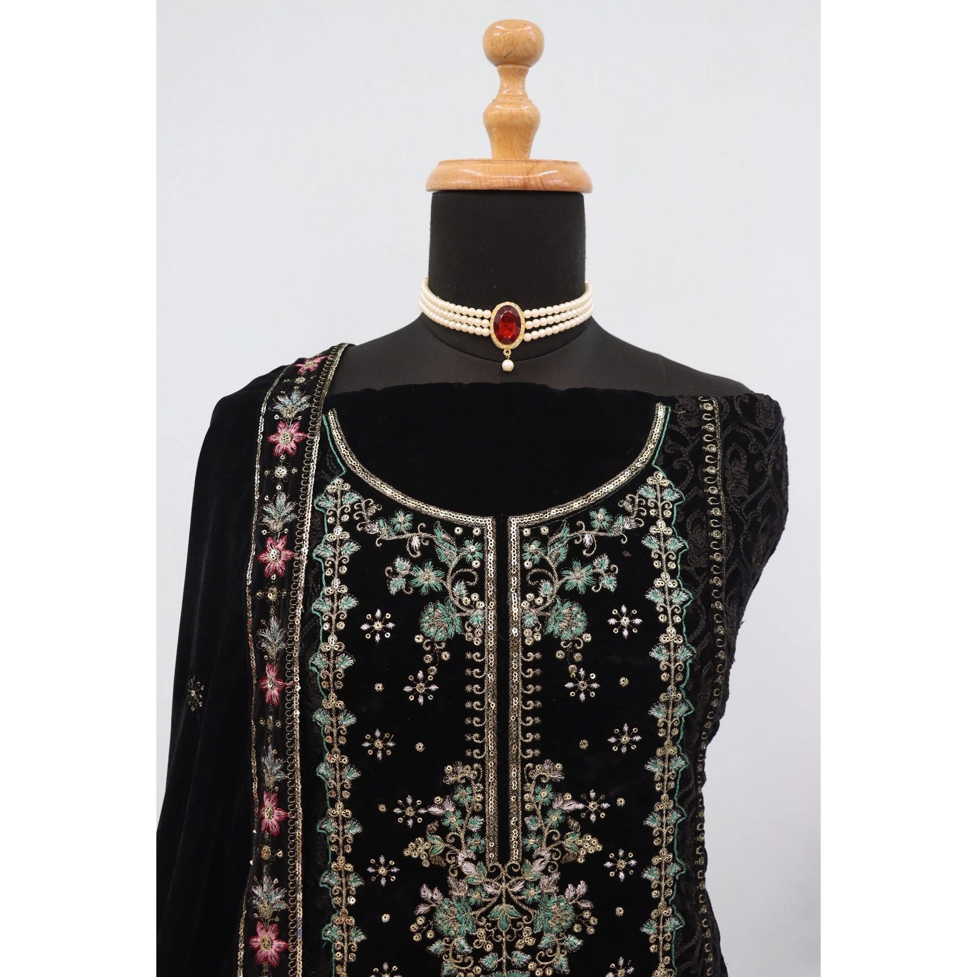 Black Velvet Dress Material Adorned with Sequins & Thread Embroidery