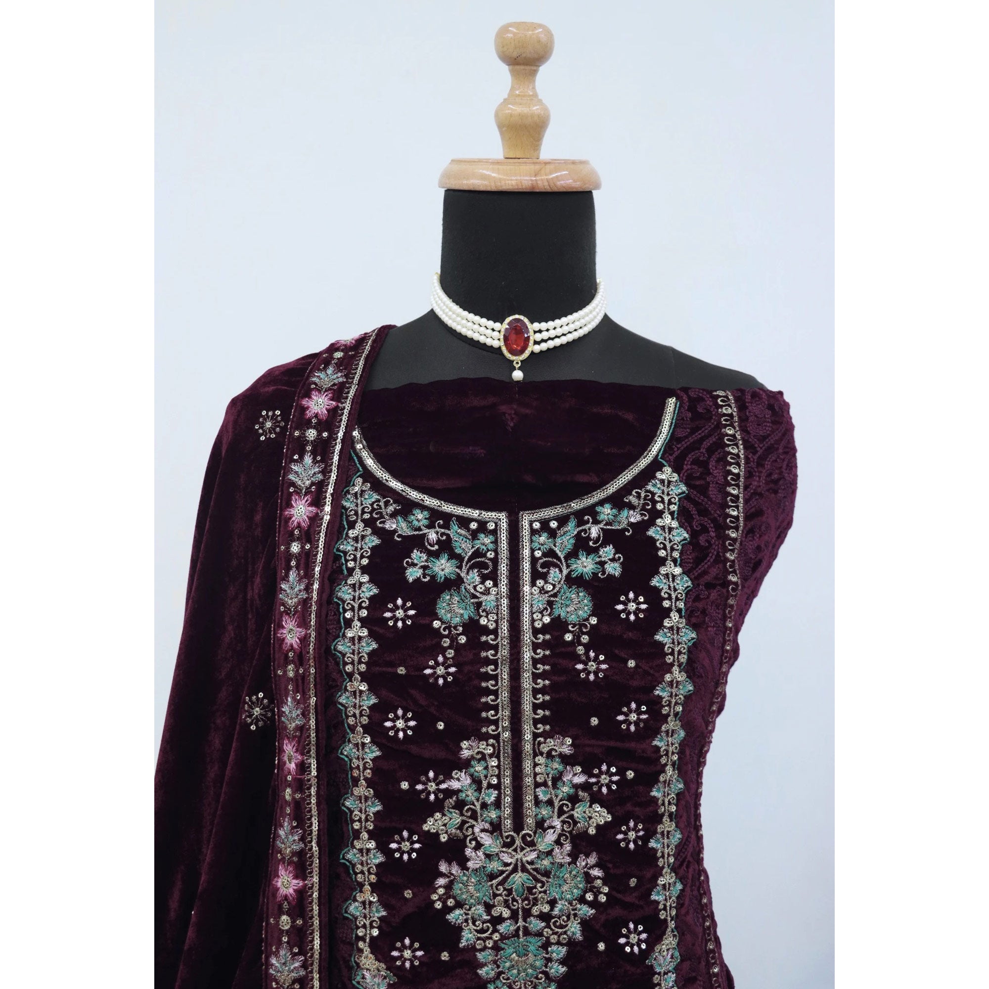 Dark Purple Velvet Dress Material Adorned with Sequins & Thread Embroidery