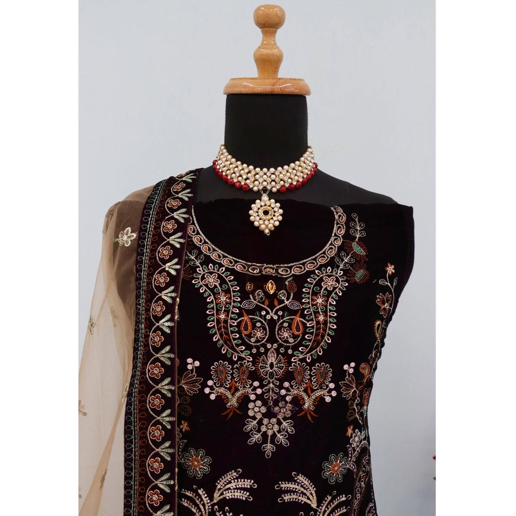 Dark Purple Velvet Dress Material Adorned with Sequins & Thread Embroidery