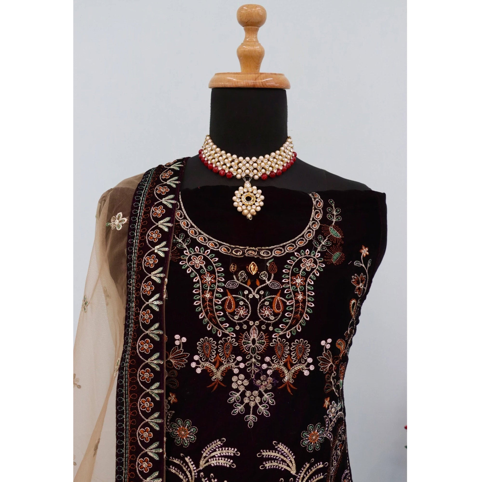 Dark Purple Velvet Dress Material Adorned with Sequins & Thread Embroidery