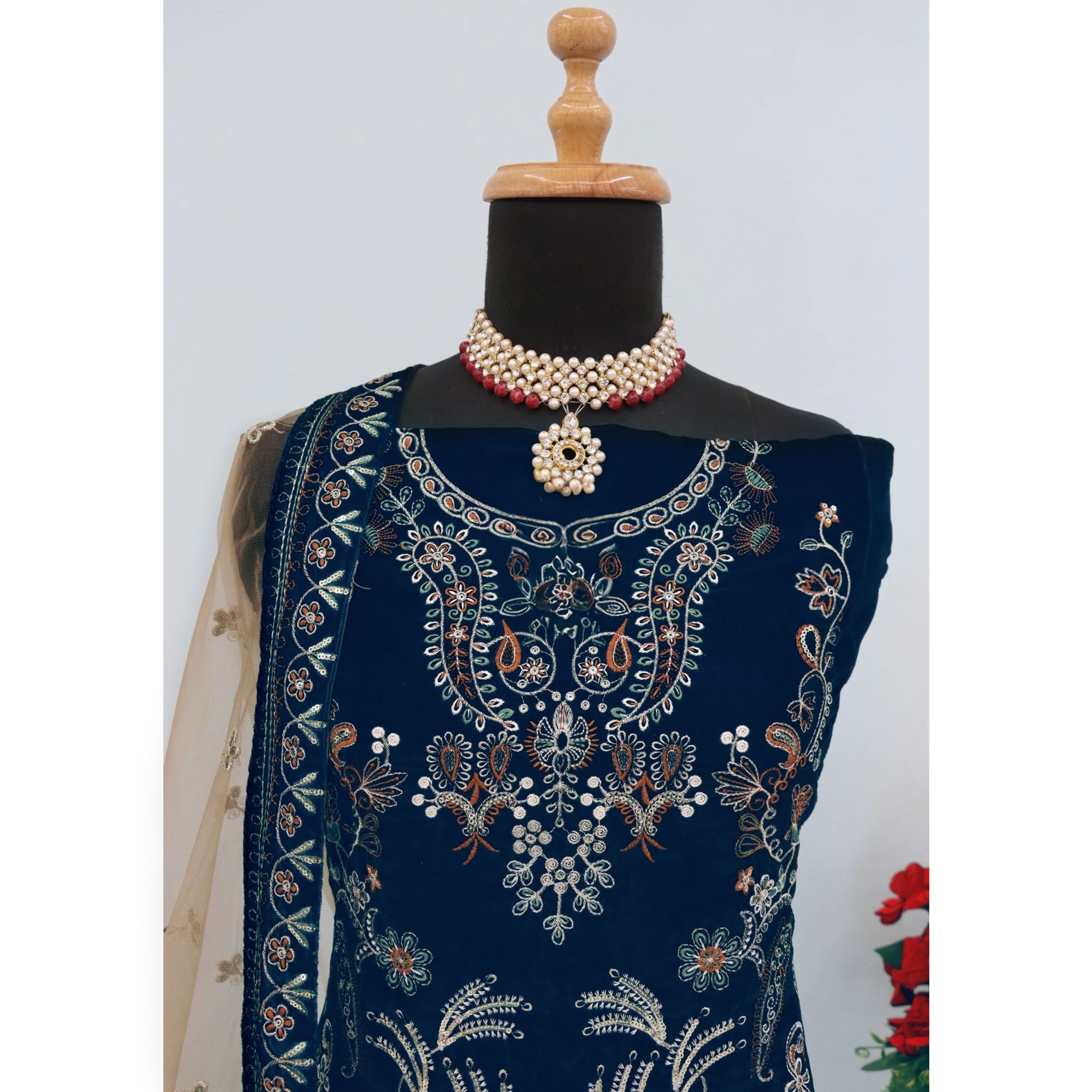 Dark Blue Velvet Dress Material Adorned with Sequins & Thread Embroidery
