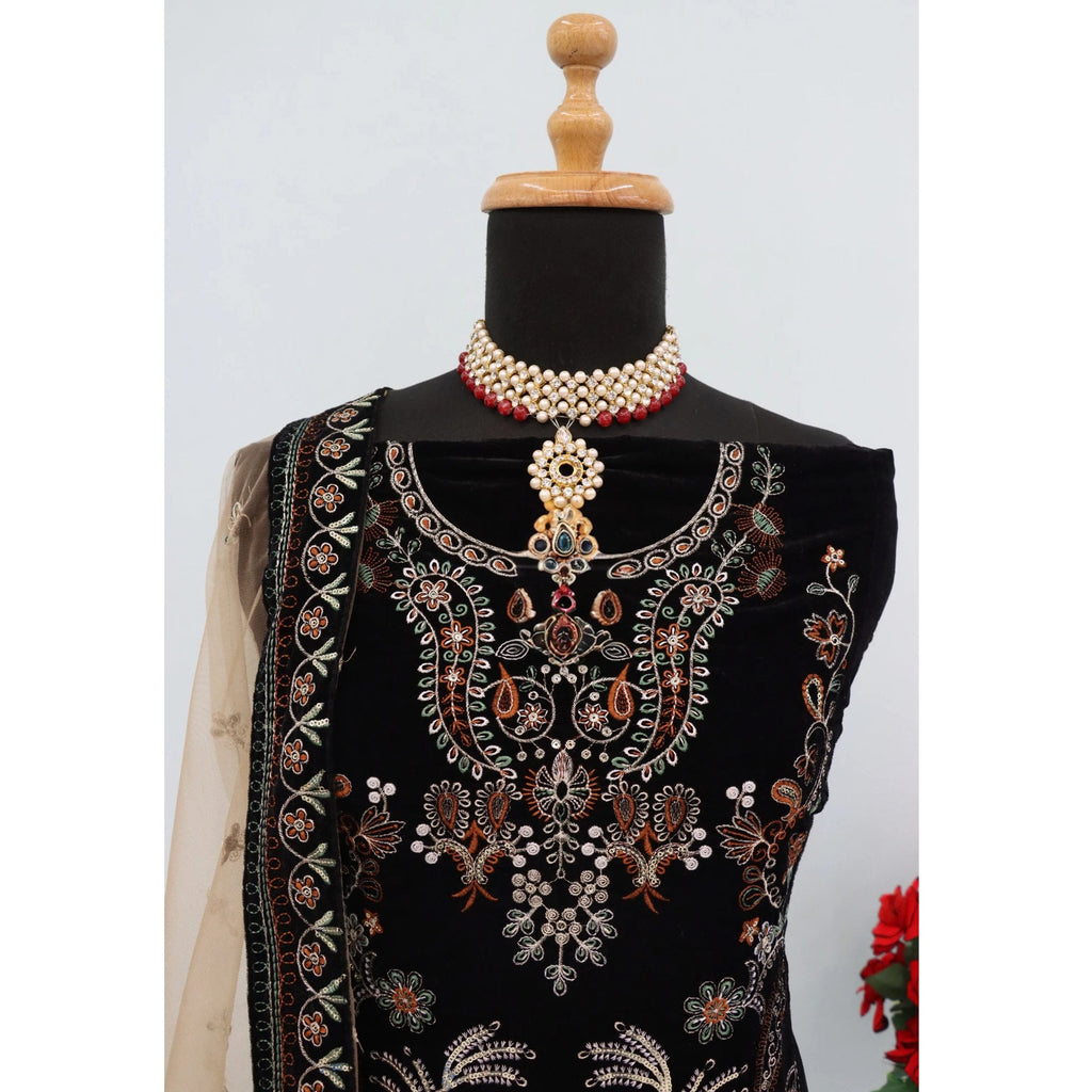 Black Velvet Dress Material Adorned with Sequins & Thread Embroidery