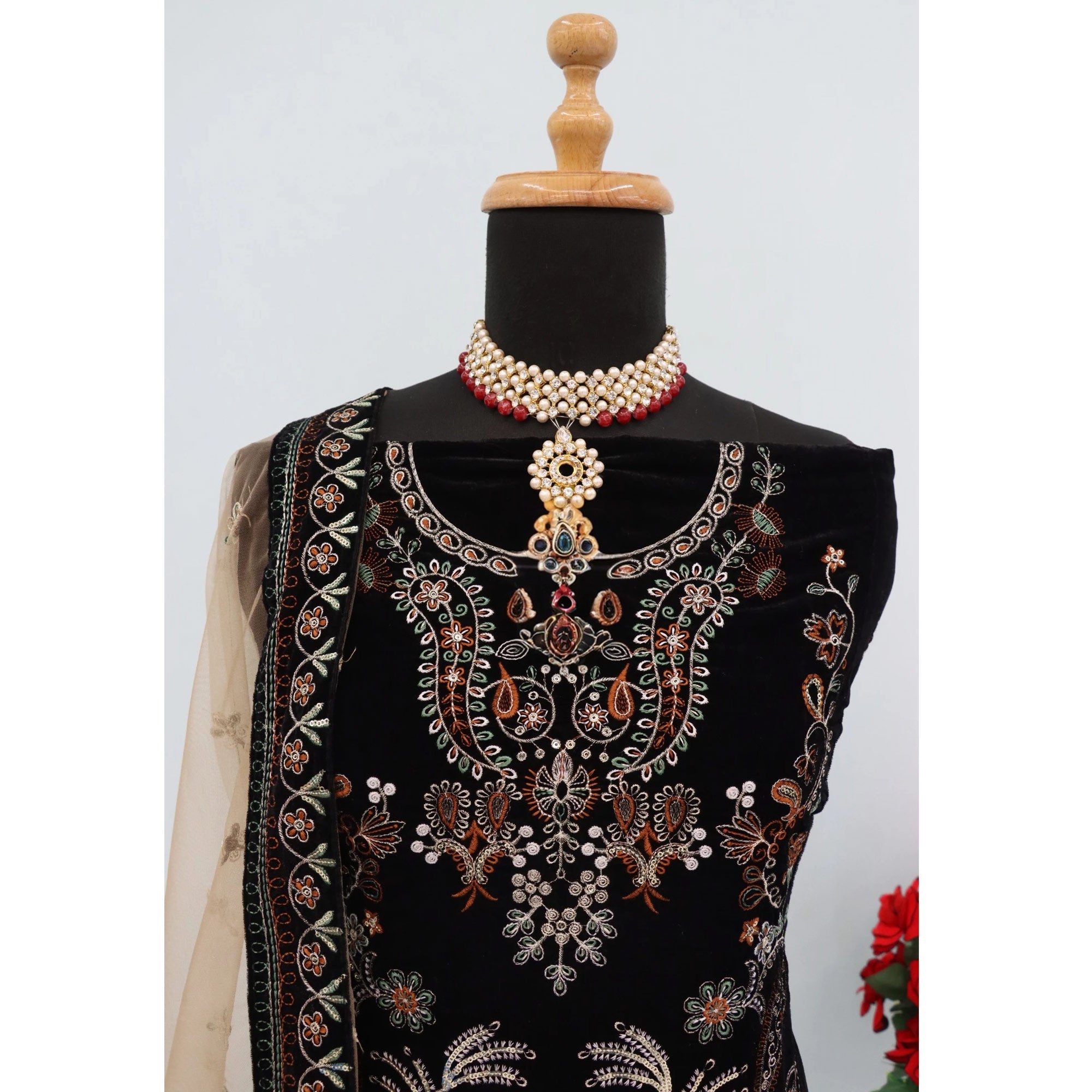 Black Velvet Dress Material Adorned with Sequins & Thread Embroidery