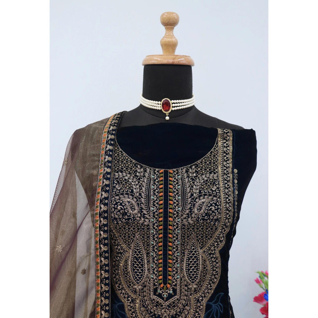 Navy Blue Velvet Dress Material Adorned with Sequins & Thread Embroidery