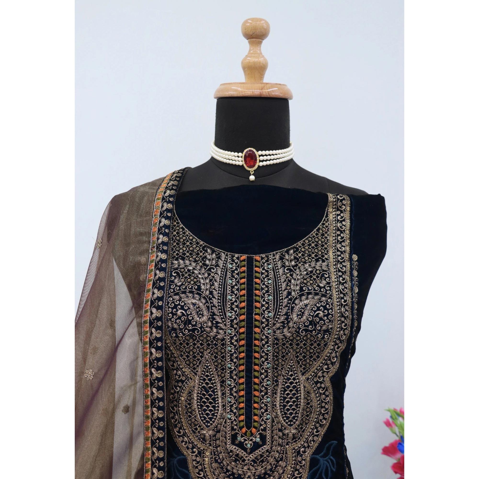 Navy Blue Velvet Dress Material Adorned with Sequins & Thread Embroidery