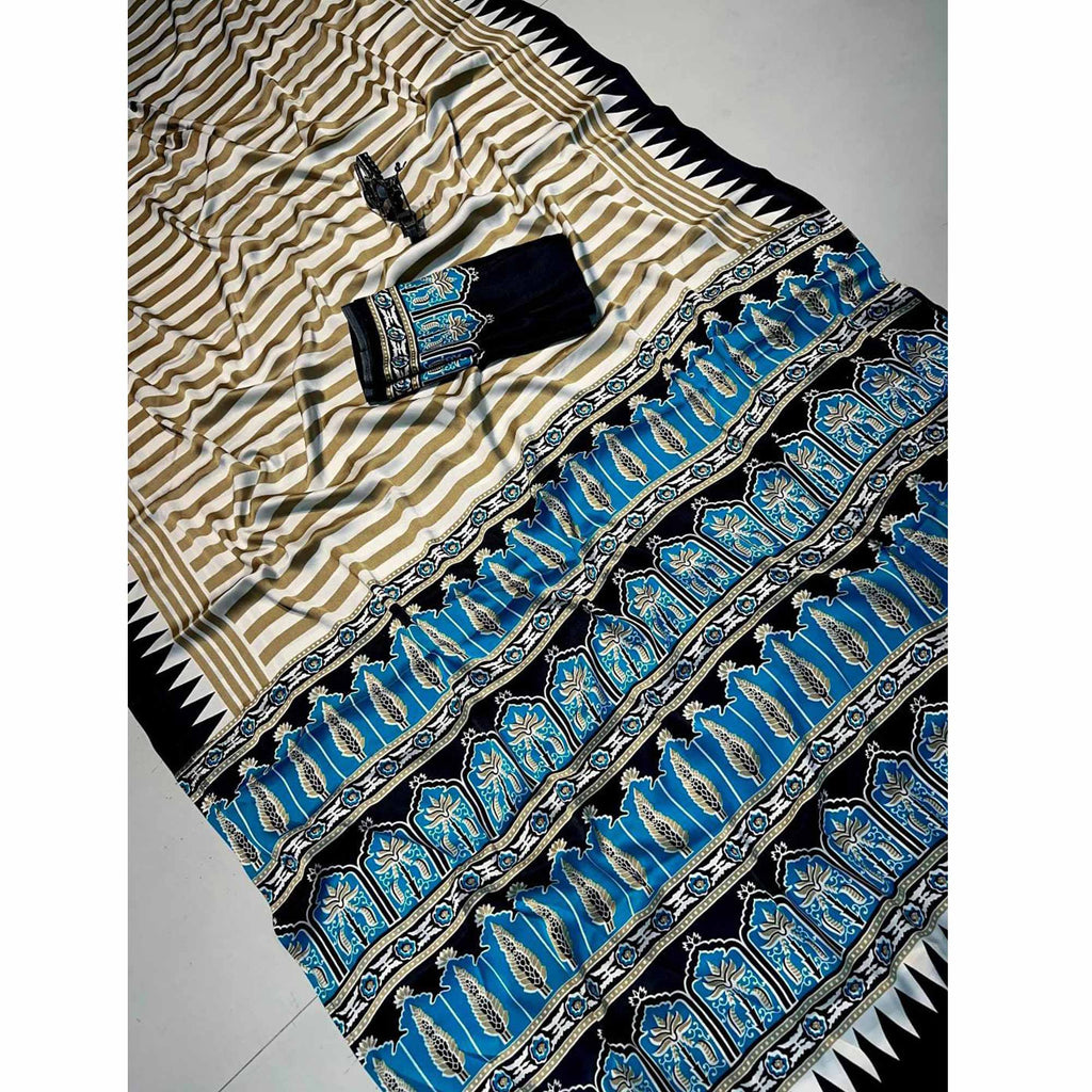 Graceful Chikoo & Black Crepe Silk Blend Saree Adorned with Bold Striped Print Work