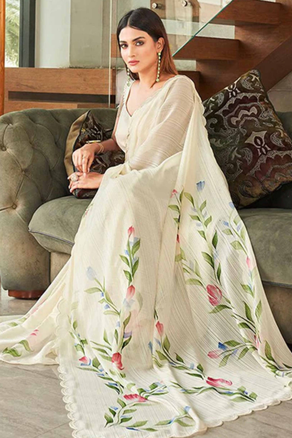 Graceful Offwhite Chiffon Saree With Delicate Floral Print & Elegant Piping Border Work