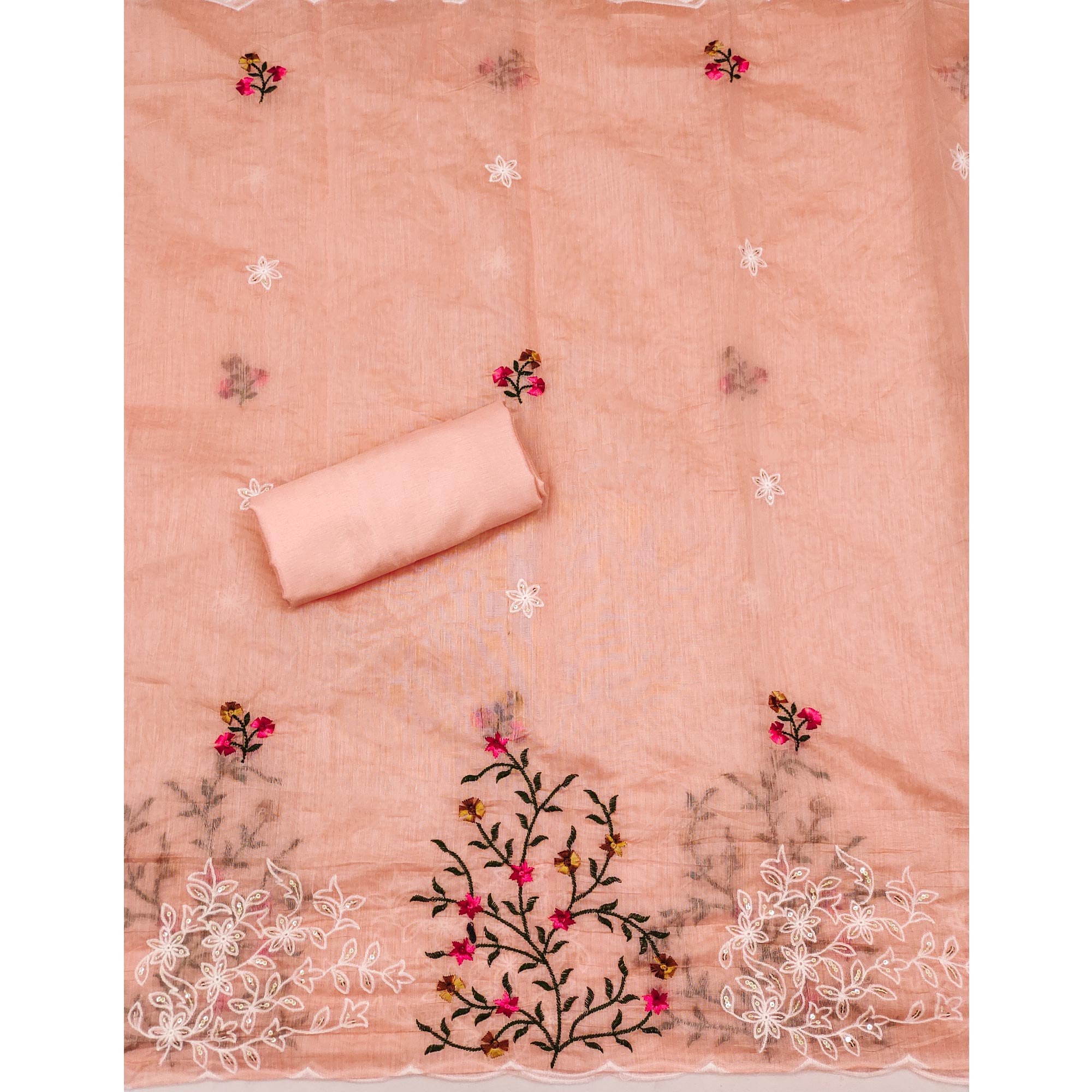 4Peach Floral Sequins Embroidered Chanderi Dress Material