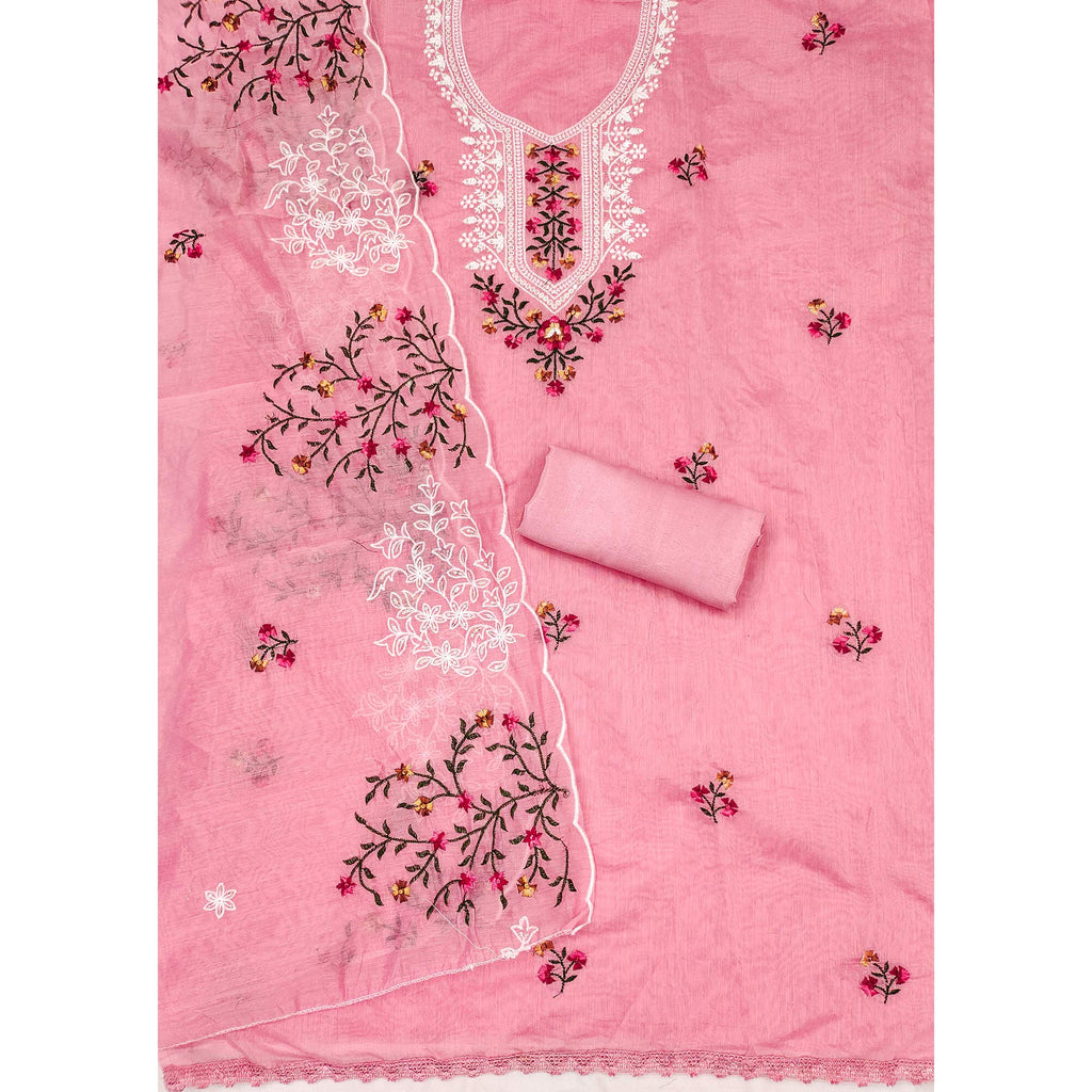 Pink Floral Sequins Embroidered Chanderi Dress Material
