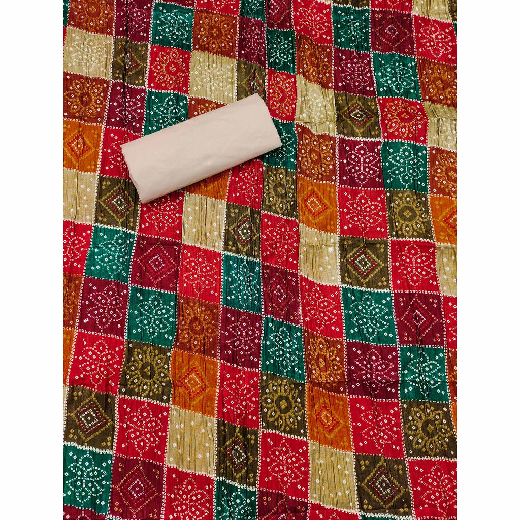 Cream Cotton Blend Dress Material With Intricate Thread Embroidery & Paper Mirror Work