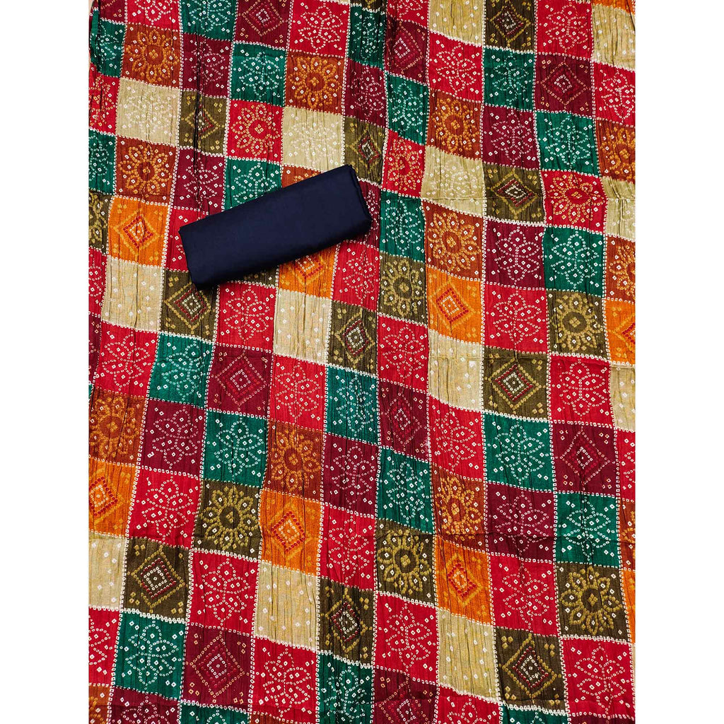 Navy Blue Cotton Blend Dress Material With Intricate Thread Embroidery & Paper Mirror Work