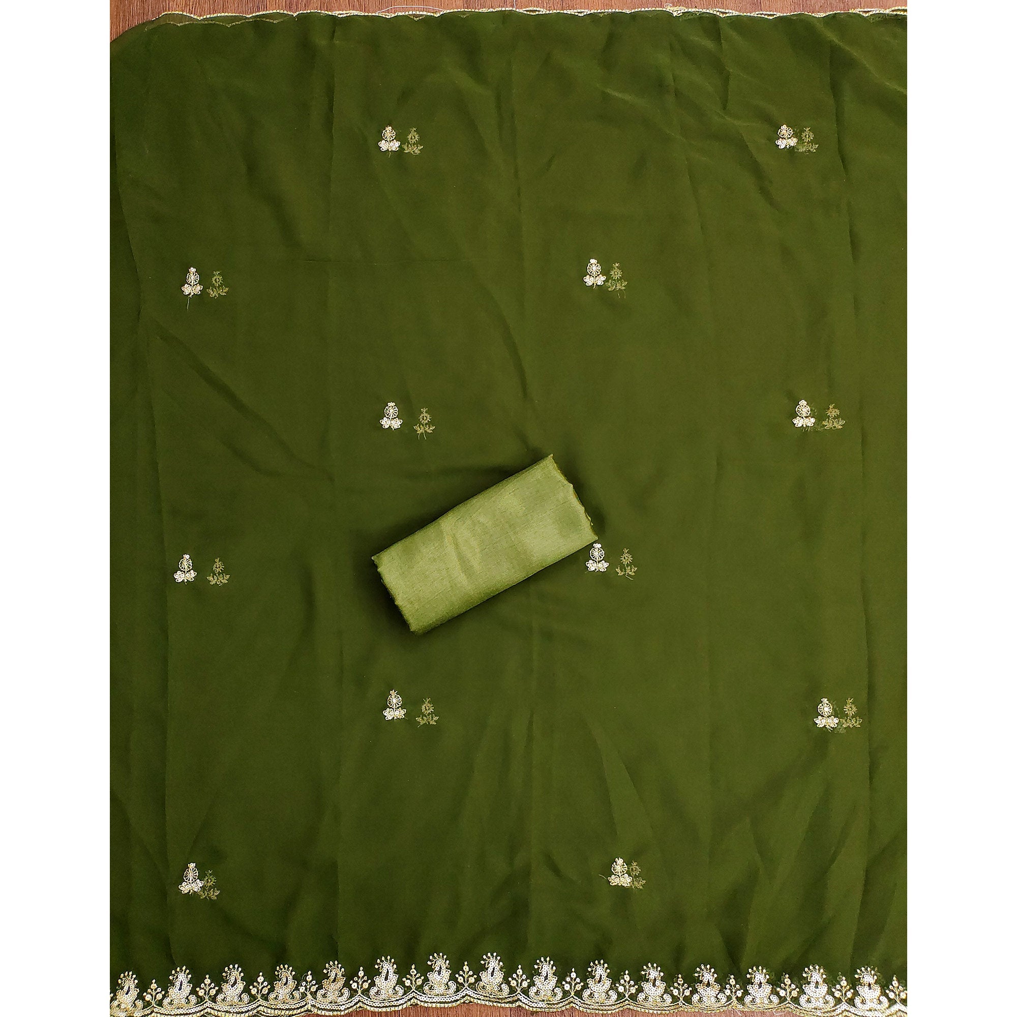 Green Georgette Dress Material with Sparkling Sequin Embroidery