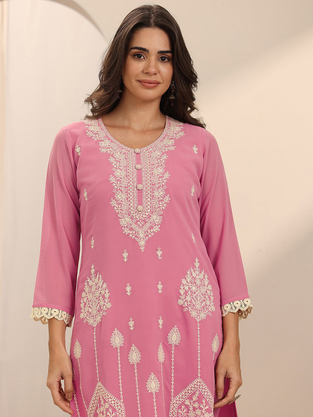 Pink Embroidered Georgette Straight Suit Set With Dupatta