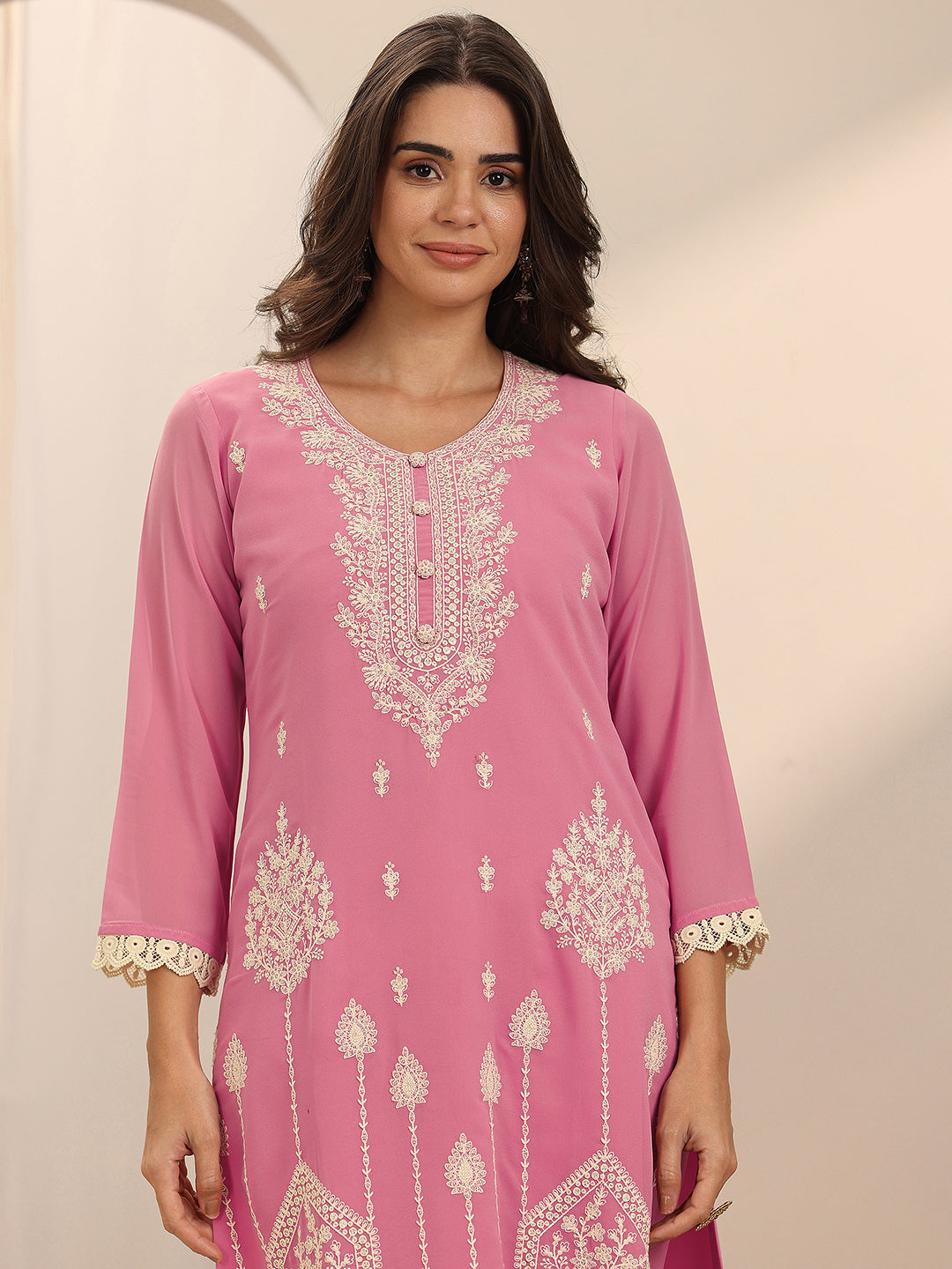 Pink Embroidered Georgette Straight Suit Set With Dupatta