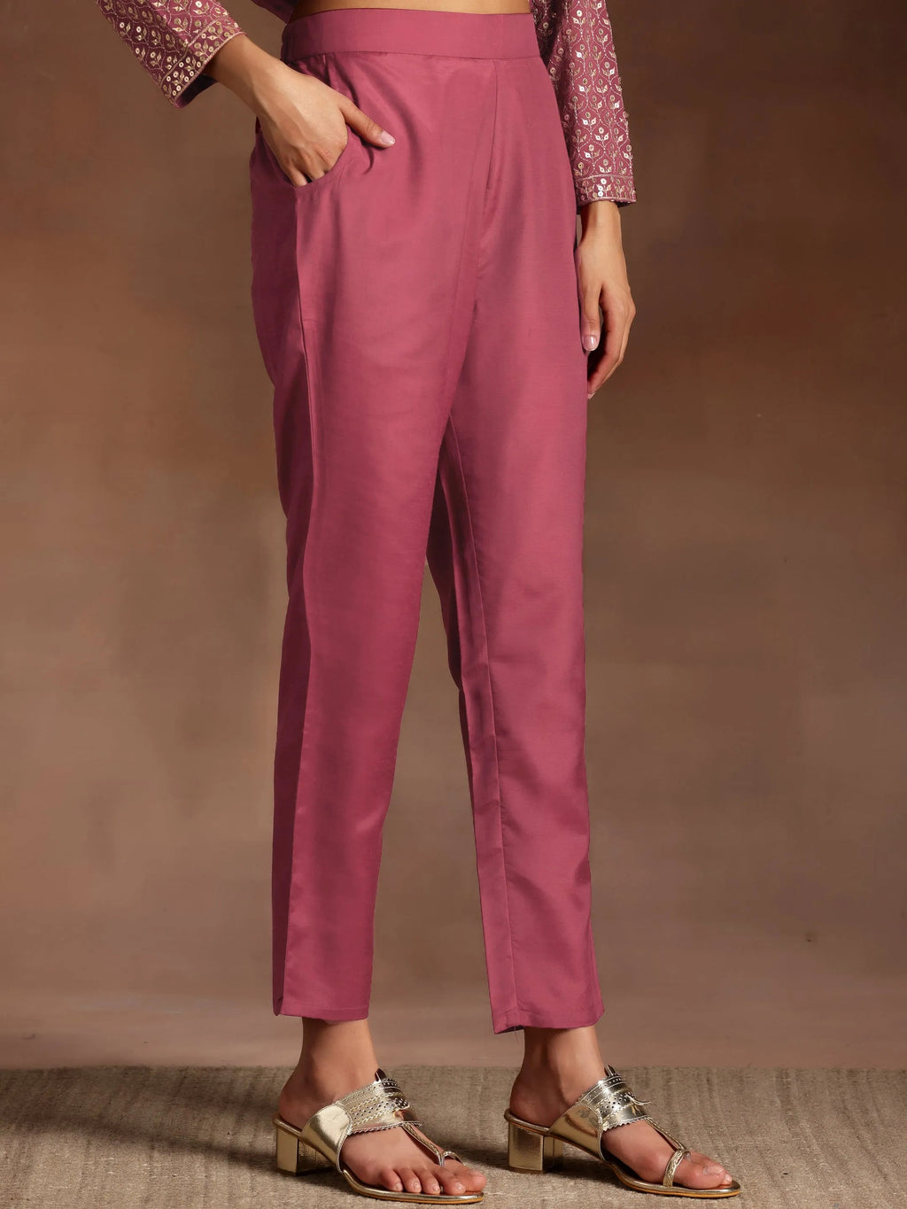 Libas Art Chandni Mauve Embroidered Georgette A-Line Kurta With Trousers & Dupatta