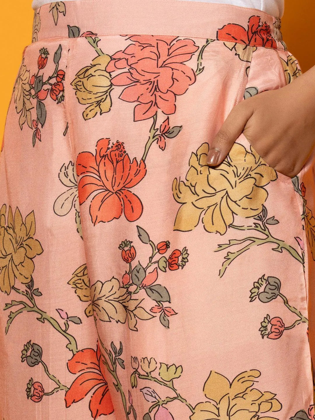 Peach Printed Silk Blend Co-Ords