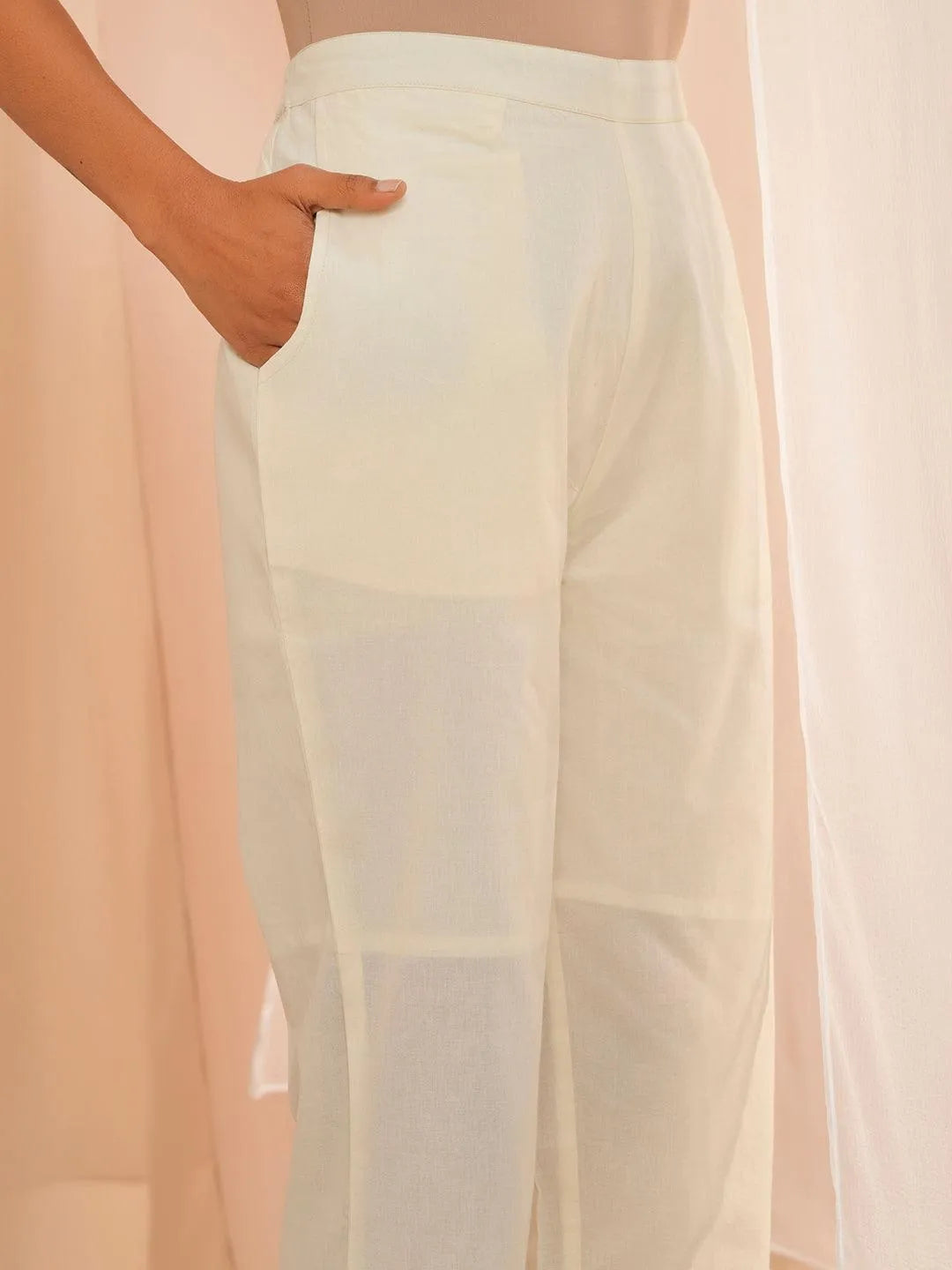 Off White Embroidered Cotton Straight Kurta Set